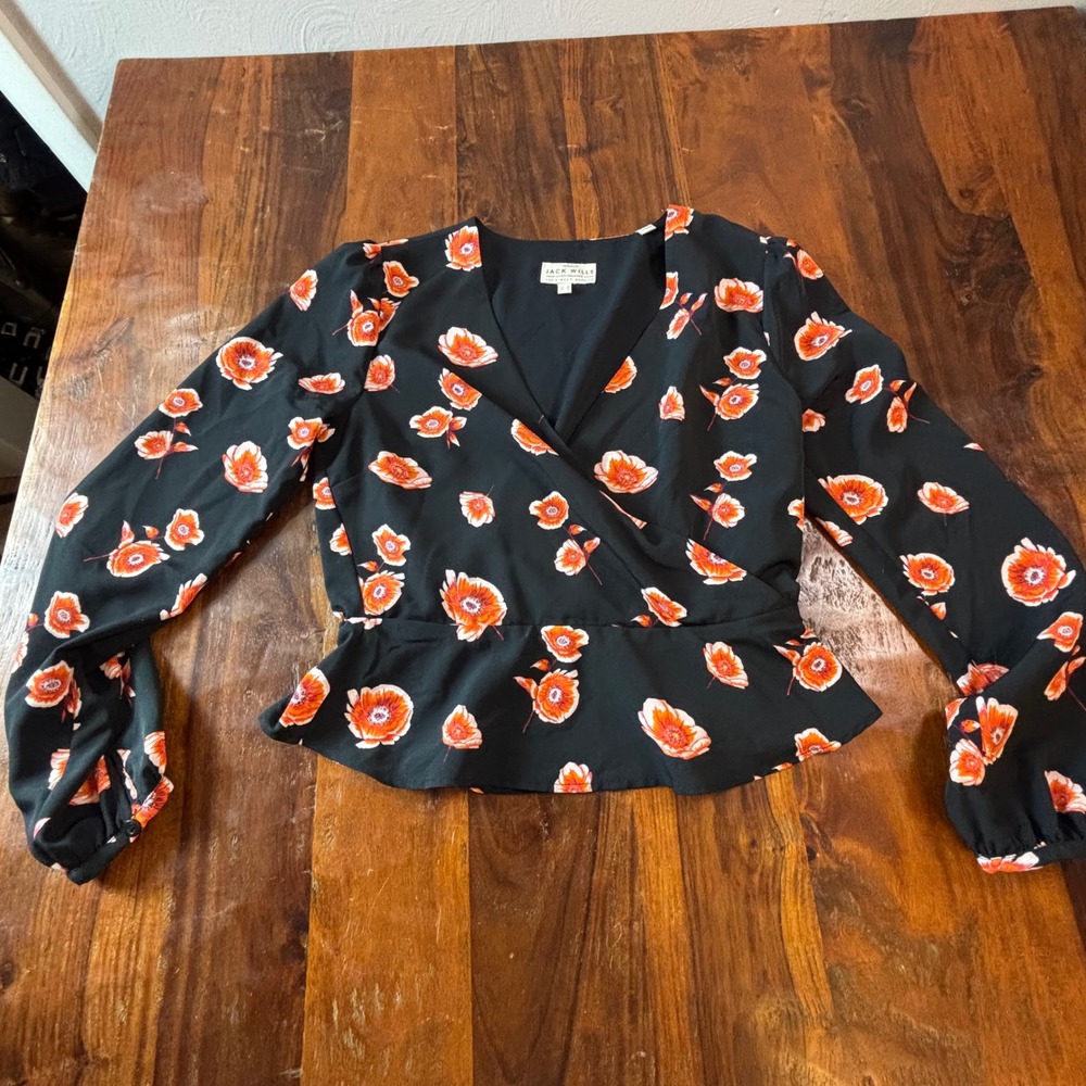 Jack Wills Womens Black Orange Floral Peplum‎ Surplice V-Neck Blouse Top Size 4
